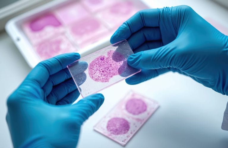 Gloved hands holding a biological sample on a slide